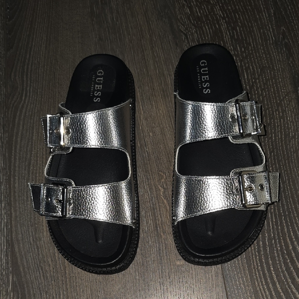 GUESS Shiny Silver Buckle Sandals